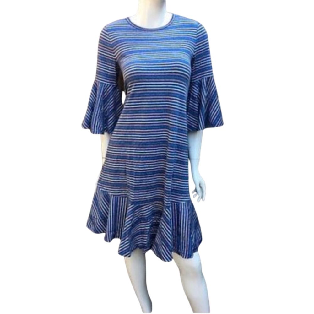 LuLaRoe Maurine blue striped ruffle midi dress size medium NWT